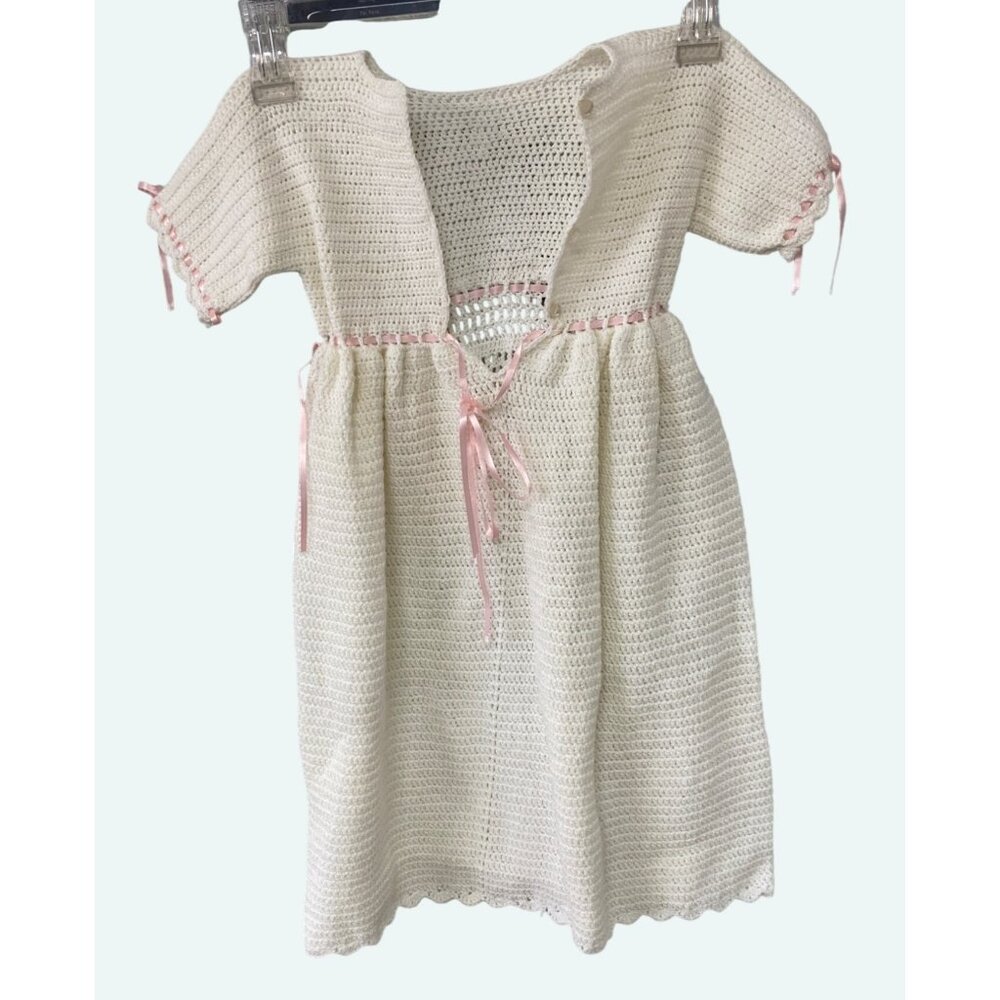Handcrafted Crochet Baby Christening Gown With Pink Ribbon Accents - Soft Ivory - Picture 2 of 7